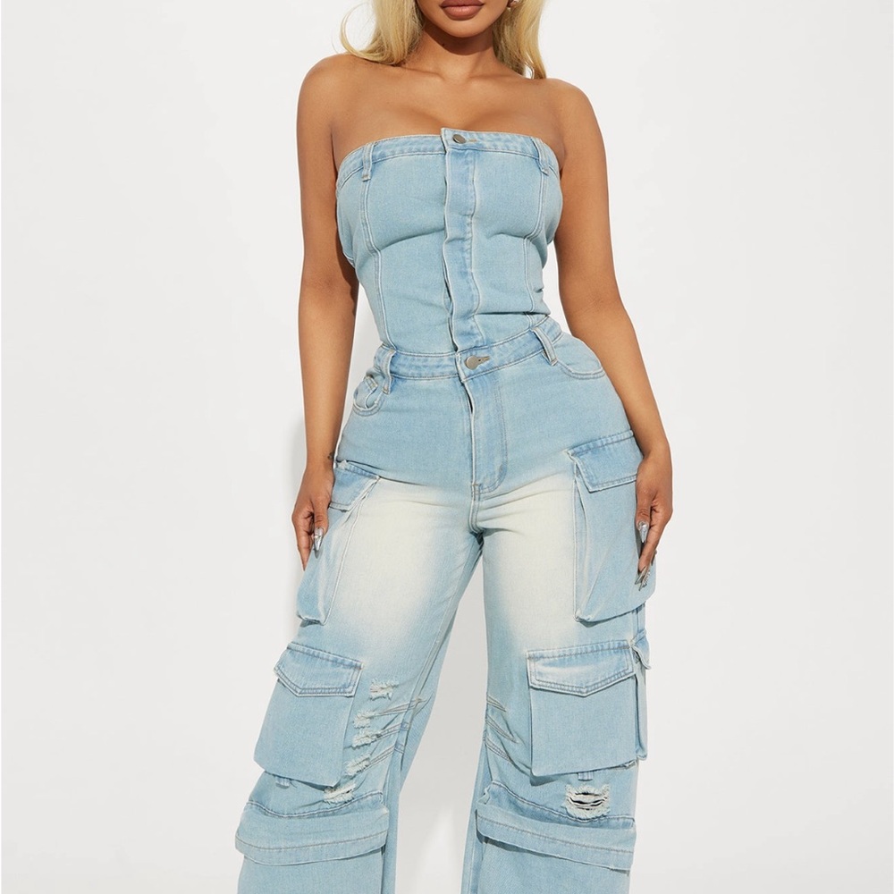 Fashion Nova Light Blue Denim Jumpsuit
